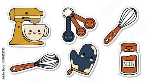 Kawaii baking tools set with cute mixer, measuring spoons, whisk, oven mitt, spice jar characters for joyous holiday preparation, playful cartoon vector graphic on white, isolated stickers.