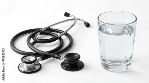 Medical Stethoscope and Glass of Water on Clean White Background