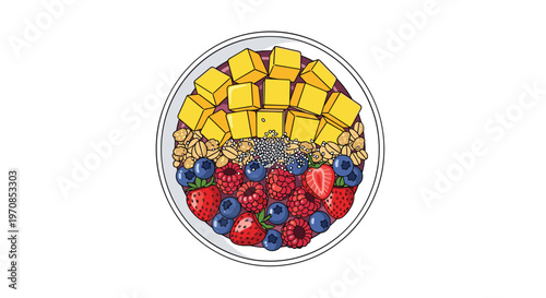 A colorful acai bowl topped with mango, berries, chia seeds, and granola is shown from a top-down view on a white background.