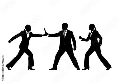 Business people jumping over hurdle together in office setting