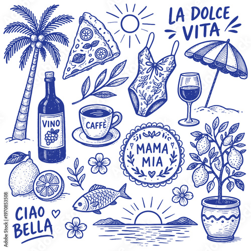 Italian and Greek Style Vacation Hand Drawn Vector Illustration Set in Grunge Chalk and Charcoal Sketch Style with Coastal Elements for Summer Poster, Placard and Print Design