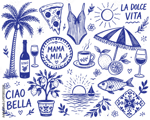 Italian and Greek Style Vacation Hand Drawn Vector Illustration Set in Grunge Chalk and Charcoal Sketch Style with Coastal Elements for Summer Poster, Placard and Print Design