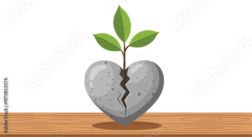 A cracked gray stone heart with a green plant growing from its center is positioned on a wooden surface against a white background.