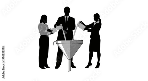 Business people analyzing data around a funnel chart in office