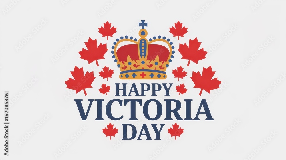 Obraz premium Happy Victoria Day celebration with crown and maple leaf on white background