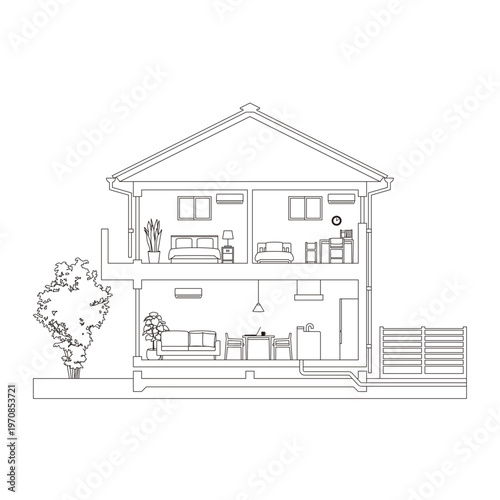 Detached House Cross Section Line Art Illustration