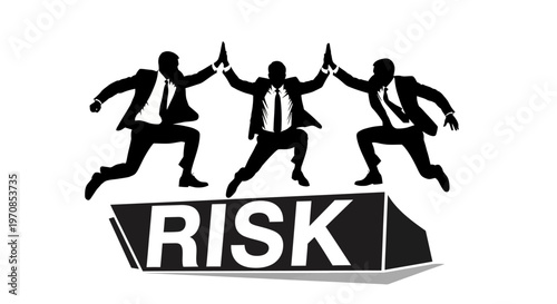 Businessmen jumping over risk together outside in unity and teamwork