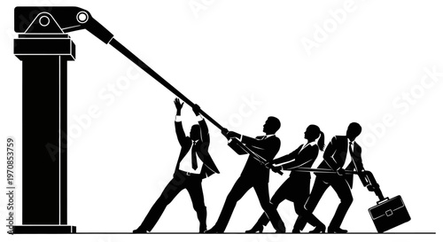 Businessmen rowing in a boat team working together outdoors