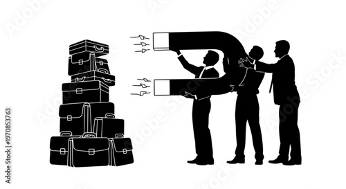 Businessmen stacking blocks in an office setting with briefcases nearby