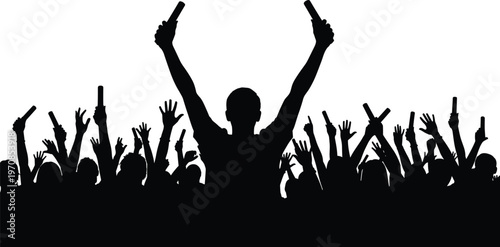 Crowd silhouette cheering with raised hands and flares, energetic concert or protest scene, black vector illustration of people celebrating, unity, excitement, and public gathering concept
