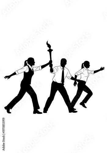 Businessmen in silhouette launching paper airplanes forward aggressively