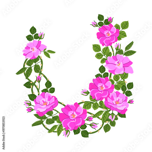 A frame of intertwined pink rose branches. A popular Victorian motif. Flat style vector. A symbol of love and passion. Clipart for Valentine's Day cards, weddings, and Mother's Day.