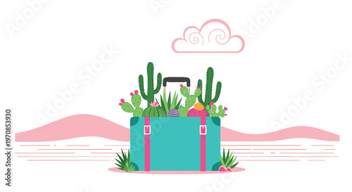 A turquoise suitcase brimming with various cacti and succulents is situated against a backdrop of pink desert hills and a cloud.
