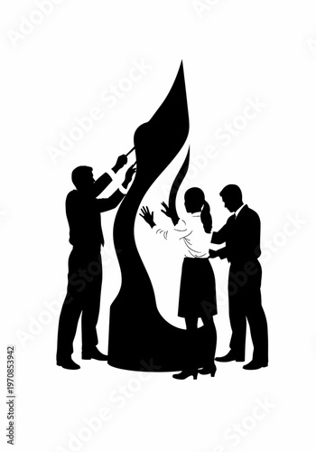 People in business attire interact with a statue of a man in a robe