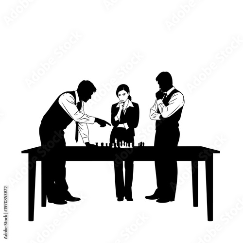 Three businessmen engaged in intense negotiation over chessboard with money