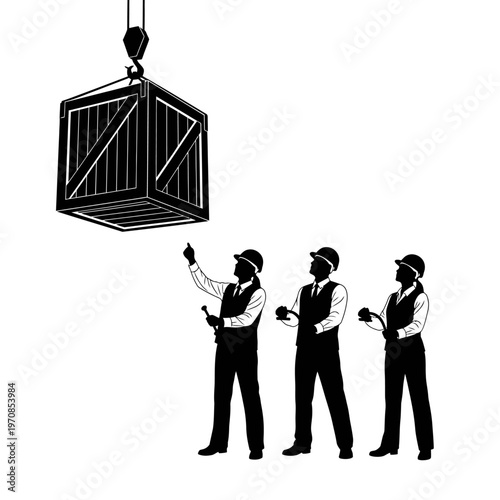 Three men in suits saluting a large crate being lifted by a crane outdoors