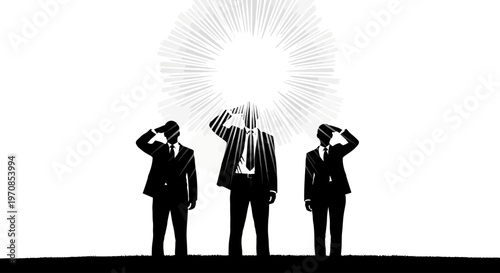 Three businessmen in suits cutting a rope with scissors together outdoors