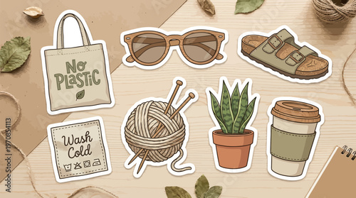 Eco-friendly lifestyle stickers collection with natural objects like 'No Plastic' tote bag and reusable cup, promoting sustainable living in a warm, hand-drawn flat lay illustration.