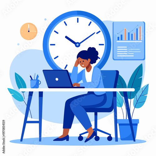 Illustration of an anxious female employee under pressure from a tight deadline, experiencing workplace burnout and fatigue at her computer