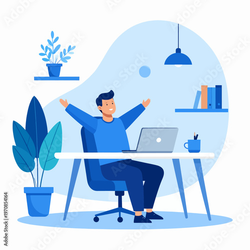 Successful freelancer celebrating a major achievement at his home office desk, feeling joy and accomplishment