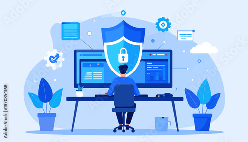 Cybersecurity protection concept with a person working on a computer, shielded from threats by a digital security shield and connected network elements, illustrating data safety and online privacy