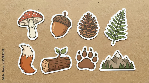 Woodland Elements Assorted Stickers Collection, Hand-Drawn Cartoon Style, Promoting Nature Conservation on Textured Brown Paper.