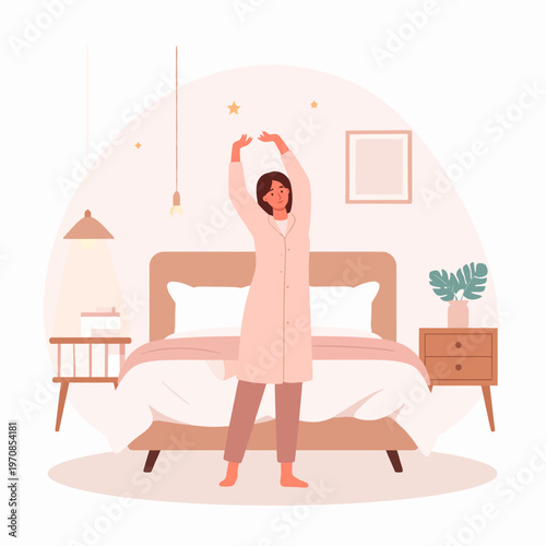 A young woman in pajamas stretches her arms overhead while waking up in a cozy bedroom with a bed and nightstands