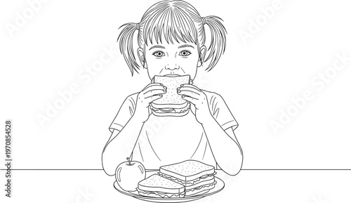 Cute little girl eating sandwich at table with apple, showcasing healthy eating habits, childhood nutrition, lunchtime meal and hand drawn line art illustration