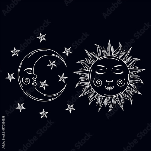 Silhouettes of the moon with stars and the sun in retro style. Moon and sun with human faces. Magic, fortune-telling, tarot cards. Fashionable print. Vector illustration for design and web.