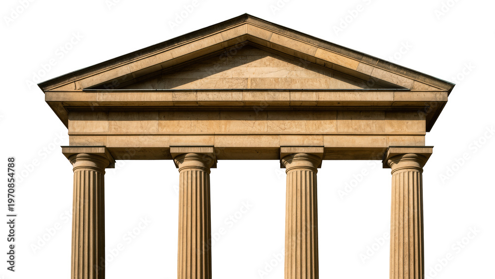 Fototapeta premium Beige stone pediment, supported by three fluted Doric columns