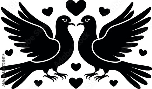 Two Doves Kissing Surrounded By Floating Hearts Illustration Design