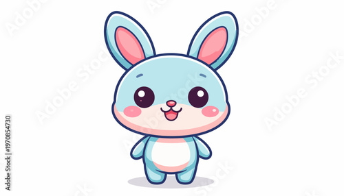 Adorable blue bunny illustration with large head, small body, and sweet kawaii smile, perfect for playful designs