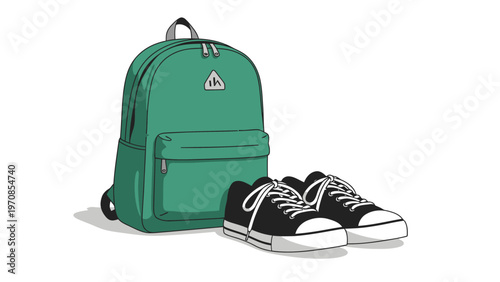 Green Backpack and Sneakers.