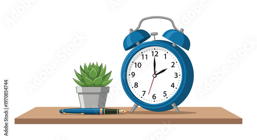 A blue twin-bell alarm clock, a small green succulent plant in a grey pot, and a blue and gold fountain pen are neatly arranged on a light brown wooden shelf.