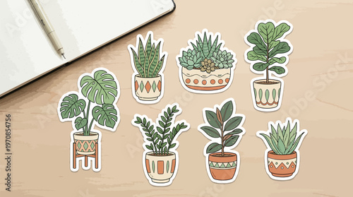 Potted plants, succulents sticker set on wooden table for eco-friendly decor. Hand-drawn pastel cartoon style, flat lay digital art illustration.