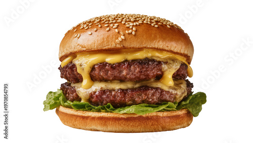 Double beef burger with melted cheese lettuce sesame bun, and sesame seeds