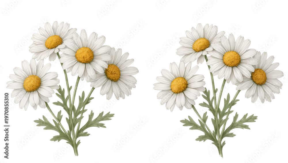 Obraz premium Delicate white daisy flowers, lush green stems and foliage arrangement