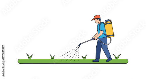A man in an orange cap and blue overalls, carrying a yellow backpack sprayer, walks across a strip of green grass while spraying.
