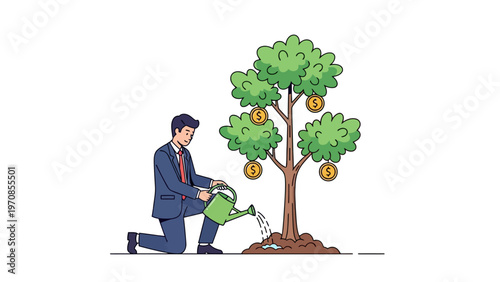 Man Watering Fruit Tree.