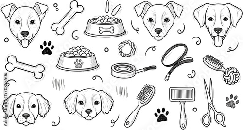 Dog grooming and care set with pet portraits brushes scissors food bowls toys and accessories hand drawn vector illustration collection