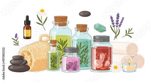 A collection of spa and aromatherapy items, including five glass bottles, rolled towels, a loofah, massage stones, a lit candle, and various herbs, is arranged on a white background.