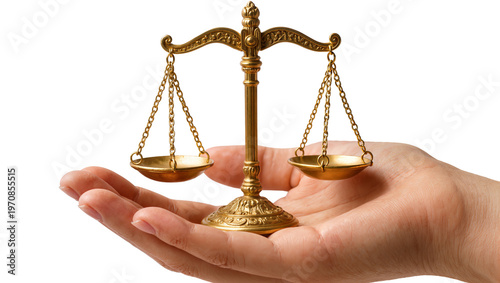 Photos Golden antique scales held gently in a fair human palm, symbolizing justice and
