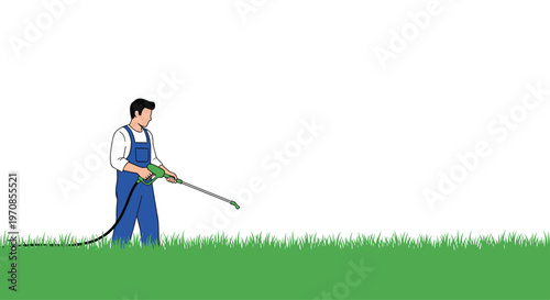 A man in blue overalls and a white shirt holds a green and grey pressure washer wand, standing on a vibrant green grassy strip.