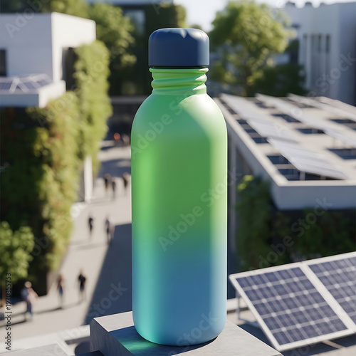 A gradient green and blue reusable water bottle standing on a ledge overlooking a modern urban campus with solar panels and greenery