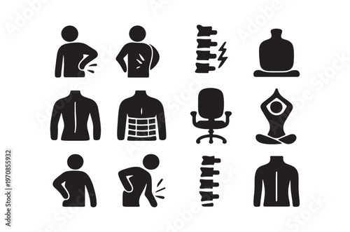 Black silhouettes depicting back pain posture chiropractic care and yoga