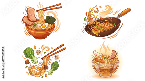 Noodle Dishes Variety with Ramen and Stir Fried Noodles Vector Set