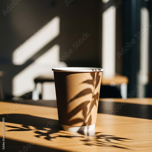 A paper coffee cup sitting on a wooden table with dramatic sunlight and leaf shadows
