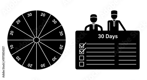 Two men planning a 30-day challenge using a spinner wheel and a calendar tracker. Vector, illustration