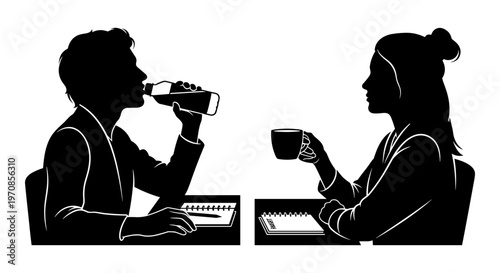 A casual business meeting with drinks and conversation over a small table. Vector, illustration