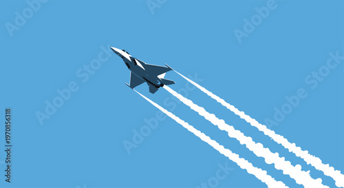 A single grey fighter jet climbs steeply, leaving four thick white contrails against a clear blue sky.